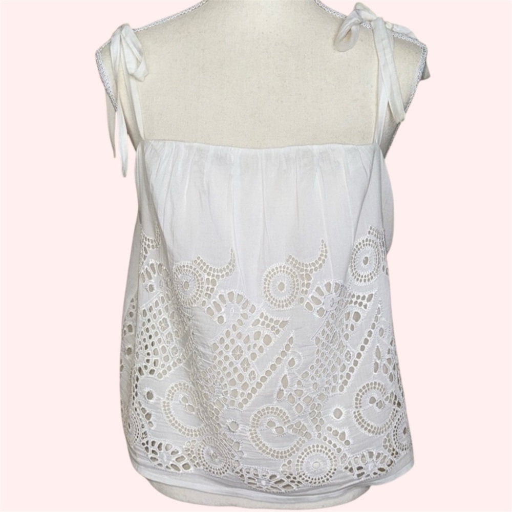 HD in Paris White Anthropologie Embroidery Lace Cami Top Cotton & Silk Ties LRG - Picture 11 of 13